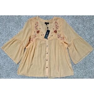 Young Threads Blouse Womens L/XL Embroidered Flowers Chiffon Peach Boho *NEW*